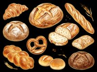 Assorted fresh baked bread and pastries isolated on transparent background. Includes croissant, pretzel, baguette, rolls, and loaves. Ready for bakery designs, menus, t-shirts, and print-on-demand products.