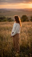 Young redhead woman in cozy sweater standing in golden wheat field during sunset, peaceful countryside moment with warm autumn light and rolling hills.
