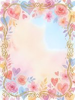 Watercolor floral frame with roses, hearts, and gold ornamental borders on soft pastel background. Isolated design ready for invitations, greeting cards, and wedding stationery projects.