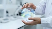 Healthcare professional protecting digital globe with medical data visualization in modern laboratory environment for technology innovation concepts.