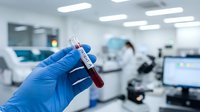 Medical laboratory technician in blue gloves holding blood sample test tube in modern clinical research facility for diagnostic testing and analysis.