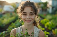 Young woman with freckles and curly hair smiling in garden setting during golden hour, perfect for lifestyle, beauty, and natural skincare advertising or wellness content marketing.