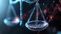Glowing digital scales of justice with sparkling particles on dark background, symbol of law and legal system in modern technology era. For legal tech websites.