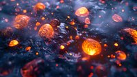 Glowing orange spheres with intricate patterns float mysteriously against dark smoky background creating magical atmospheric scene with depth and bokeh effect.