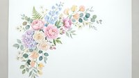 Soft watercolor floral corner arrangement with pastel roses, hydrangeas, and greenery, perfect for wedding invitations and stationery design.