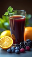 Fresh berry and citrus smoothie garnished with mint leaf, surrounded by fresh oranges, blackberries, blueberries and raspberries on dark background.