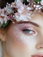 Close up of feminine eye with pink glitter makeup and spring cherry blossoms, soft dreamy beauty portrait showing delicate skin texture and blue iris detail.