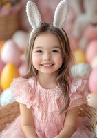 Young girl in pink dress wearing bunny ears smiles brightly against pastel Easter backdrop with decorated eggs and baskets creating festive spring atmosphere.