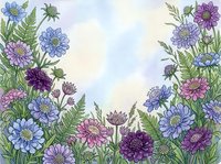 Watercolor floral border with blue, purple, and pink wildflowers and ferns framing a soft pastel sky background with copy space.