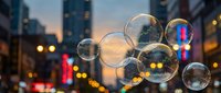 Soap bubbles floating in urban city street at dusk with blurred lights and buildings creating magical atmosphere for commercial and artistic projects.