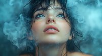 Young Caucasian woman with bright blue eyes and wet dark hair surrounded by ethereal turquoise smoke, looking upward with parted lips in dreamy atmospheric portrait.