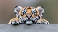 Adorable tiger cub peeking over edge with bright blue eyes and distinctive orange and black striped fur pattern, capturing wildlife conservation awareness.