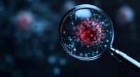 Glowing red virus cell viewed through magnifying glass on dark background with network connections and bokeh light effects, scientific research concept.