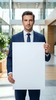 Professional businessman in navy suit holding blank white sign in modern office lobby for corporate presentations and marketing campaigns.