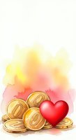 Golden coins with red heart on watercolor background for love and money concept design.