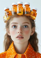 Young woman with freckles and blue eyes wearing orange polka dot collar and prescription bottles as crown in creative beauty portrait against light background.