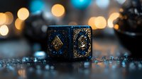 Black gaming dice with golden ornate pattern on dark background with blue and orange bokeh lights creating magical atmosphere for tabletop games and fantasy concepts.