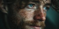 Close-up portrait of young Caucasian man with freckles, beard and intense blue eyes looking directly at camera with dramatic lighting and shallow depth of field.