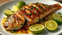 Grilled whole fish with lime slices and herbs on white plate. Fresh seafood dinner with citrus garnish and spices for restaurant menu or cooking blog.