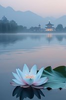 Serene lotus flower blooming on misty lake at dusk, with traditional Asian pagoda and mountains silhouetted in background, reflecting soft pink and blue tones.