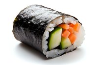 Fresh sushi roll with salmon, cucumber and rice wrapped in nori seaweed, photographed on white background with soft shadow. Japanese cuisine closeup.