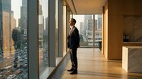 Professional businessman in suit standing by floor-to-ceiling windows overlooking urban cityscape at sunset, modern office interior with marble details.