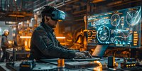 Asian male engineer wearing VR headset working with futuristic interface in modern industrial facility. Holographic displays show technical data in orange and blue tones for manufacturing control.