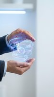 Businessman hands holding glowing digital hologram with business analytics icons, charts, and clock symbols representing data management and financial technology solutions.