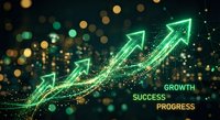 Business growth concept with glowing green arrows trending upward against bokeh lights background showing success and progress in corporate development.