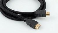 Black braided HDMI cable with gold-plated connectors for high-definition audio video transmission between devices on white background.