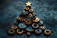 Creative steampunk Christmas tree made of metal gears and cogs arranged in triangle shape with golden star on dark textured background. Industrial holiday concept.