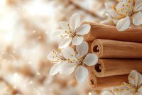 Aromatic cinnamon sticks with delicate white spring cherry blossoms and soft bokeh effect on warm brown background, creating cozy culinary atmosphere.