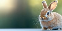 Adorable brown bunny with blue eyes and long ears sitting on white surface against soft blurred green background. Pet portrait in gentle natural lighting.