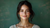 Young woman with natural makeup and loose dark hair smiling warmly against green background. Casual white top creates fresh, authentic portrait mood.