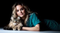 Young blonde woman veterinarian in teal scrubs lying with adorable tabby kitten on dark background. Professional pet care and animal health concept.