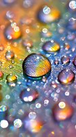 Colorful water drops with rainbow reflections and iridescent effects on textured surface create magical macro photography composition with bokeh light effects.