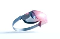 Modern virtual reality headset with pink light reflection floating on white surface, futuristic gaming and entertainment device shown in minimalist style.