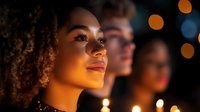 Young woman with curly hair and warm golden lighting, looking upward thoughtfully at night with blurred bokeh lights in background. Use for inspiration, motivation, hope, and aspirational lifestyle content.
