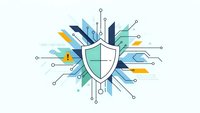 Cybersecurity shield with digital circuit connections and geometric elements on white background for technology and data protection concepts.
