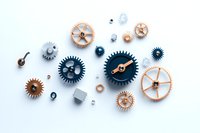 Scattered mechanical gears and cogs in copper, navy blue and silver colors on white background, creating industrial composition for engineering concepts.