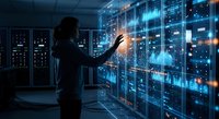 Professional IT specialist analyzing holographic data visualization in modern server room with glowing blue digital interface and network connections.