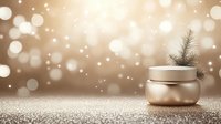 Luxurious cream jar with pine branch on glittery golden background with bokeh lights and sparkles, elegant cosmetic product presentation for winter skincare.