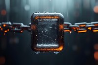 Frozen ice cube with orange light glowing through transparent surface against dark background with bokeh effect and water drops, macro photography.