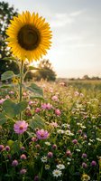 Tall sunflower stands above a colorful wildflower meadow at golden hour, with daisies and pink cosmos blooming under a soft glowing sky.