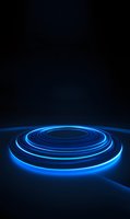 Glowing blue neon spiral rings on dark background create futuristic portal effect, illuminating abstract technological space with dynamic light trails.