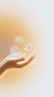 Open hand with glowing spiritual symbols lotus flower and swirl energy icons floating above palm on warm gradient background for wellness meditation concepts.