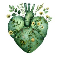 Green anatomical heart with growing plants, flowers, and leaves symbolizing life, nature connection, and environmental health on white background.