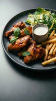 Glazed chicken wings with french fries and fresh salad on dark plate with creamy dipping sauce for restaurant menu and food photography.