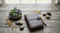 Leather journal with succulent plant and natural elements on rustic wooden table for mindful writing and planning workspace setup.