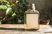 Glass bottle with transparent liquid and cork stopper on rustic wooden table against blurred green plant background, natural spa and wellness concept.